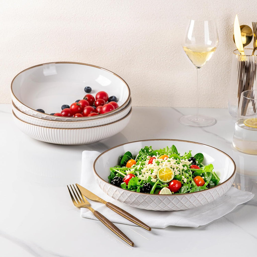 GBHOME 9.5'' Large Pasta Bowls  42 Ounce Stoneware Salad Bowls for Kitchen  Ceramic Serving Bowls With Textured Pattern for Pasta Fruit  Stews Noodle  House-warming Gift Set of 4-Off White