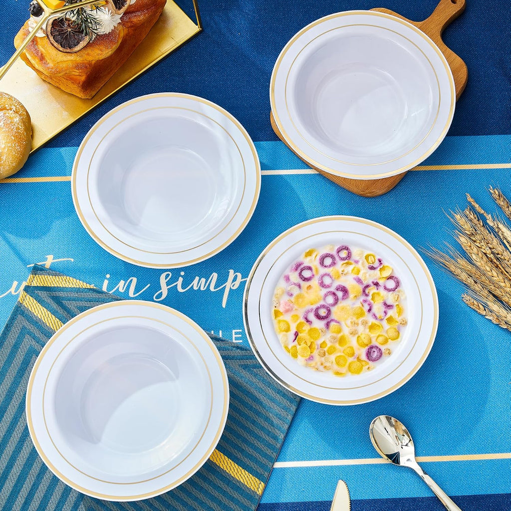 N9R 60PCS Disposable Plastic Bowls with Gold Rim  12 oz Fancy White Plastic Bowls  Premium Dessert Salad Bowls Perfect for Party  Wedding and Everyday Use