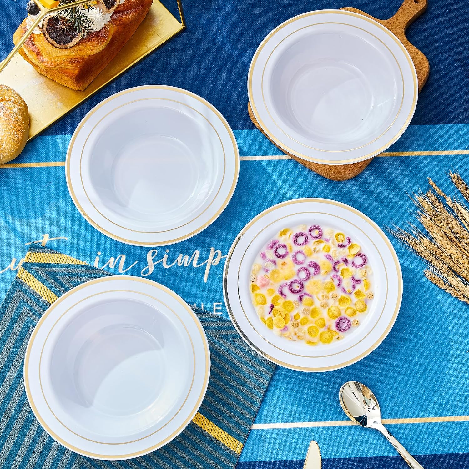 N9R 60PCS Disposable Plastic Bowls with Gold Rim  12 oz Fancy White Plastic Bowls  Premium Dessert Salad Bowls Perfect for Party  Wedding and Everyday Use