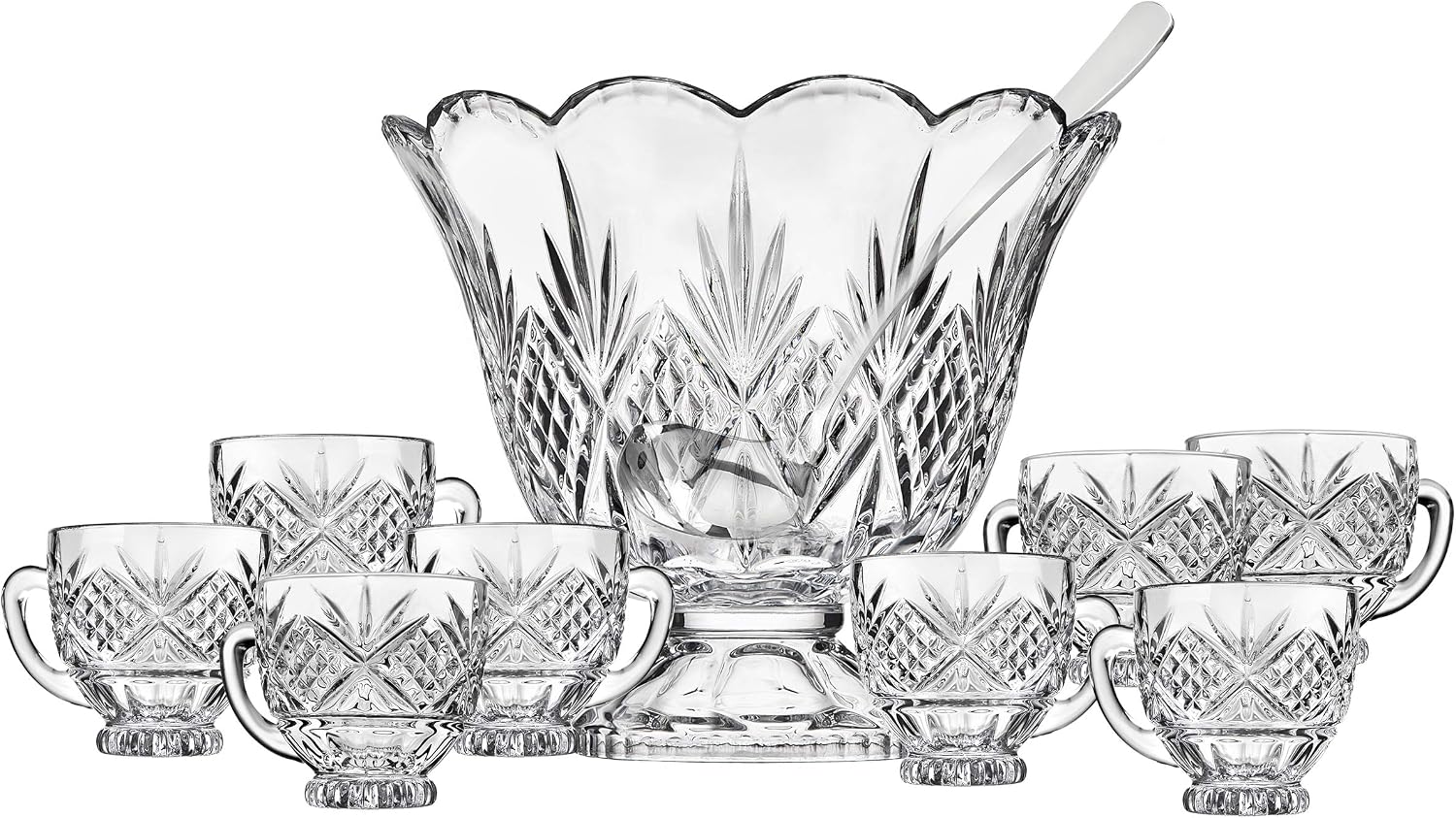 Godinger Dublin Crystal Punch Bowl Set with 8 Cups and Ladle - 10 Piece Set